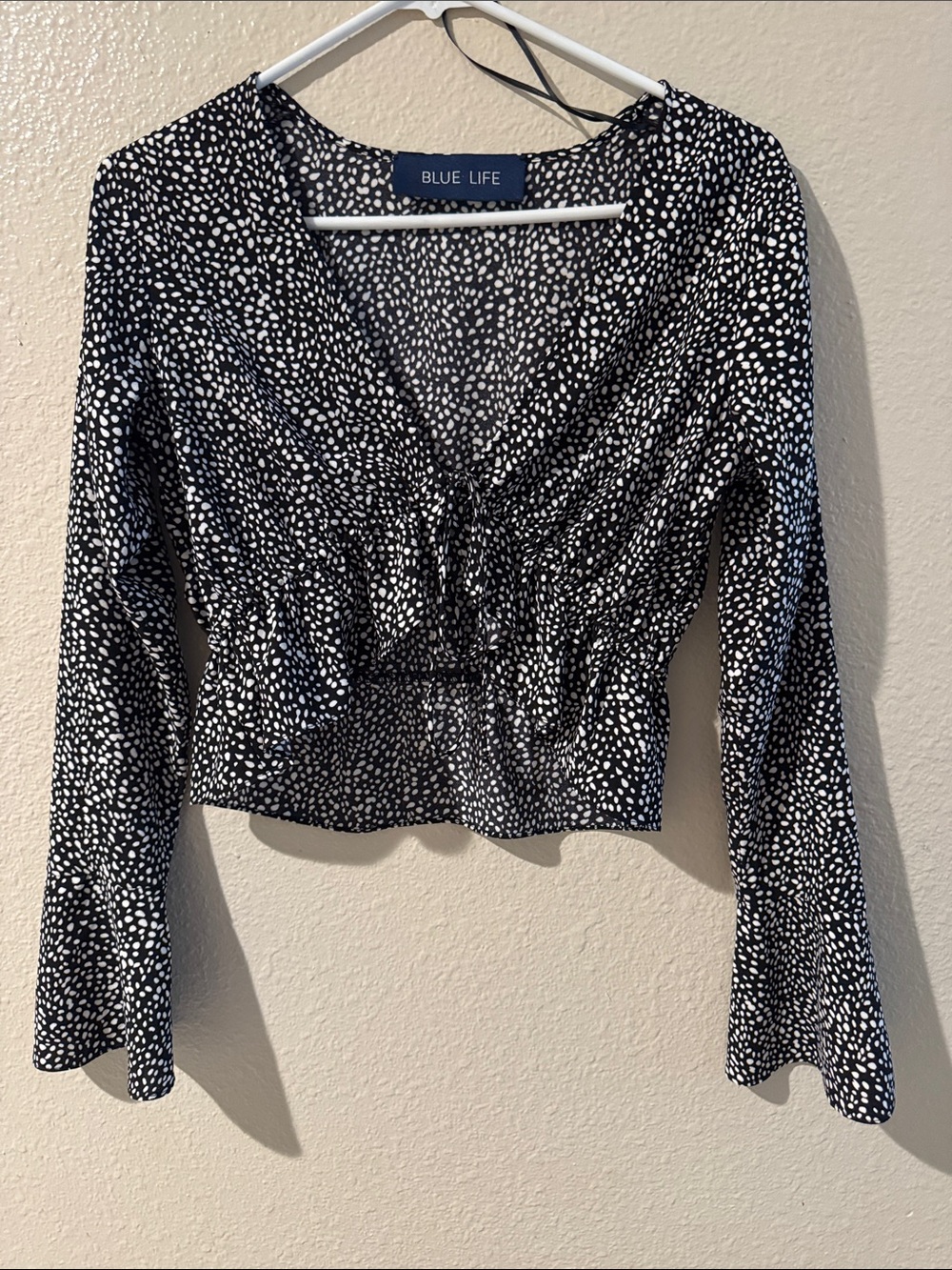Blue Life Black & White Cinched V-Neck Crop Blouse